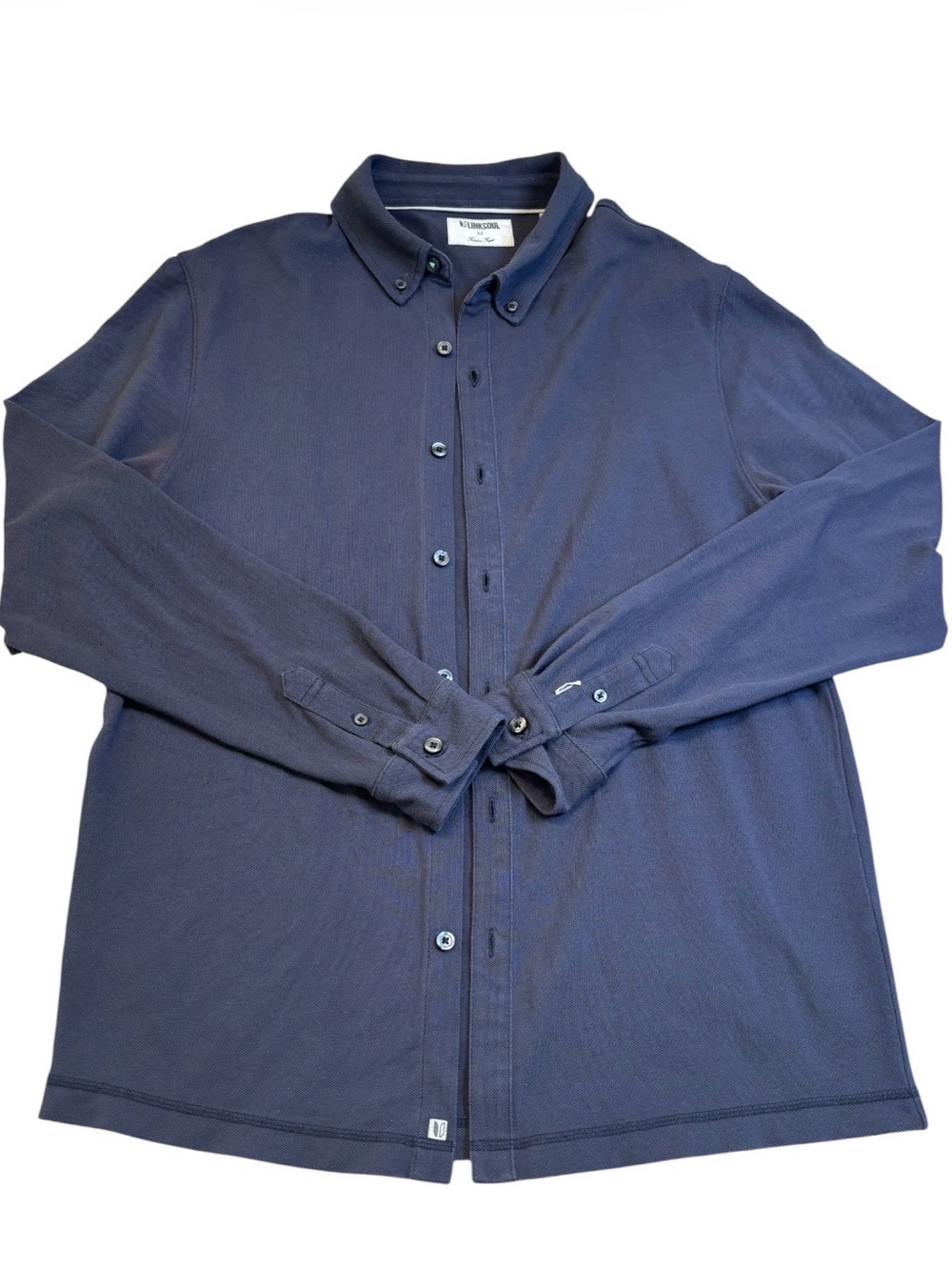 Linksoul Men's Medium Performance Button Down Shirt Navy Blue Golf Stretch EUC